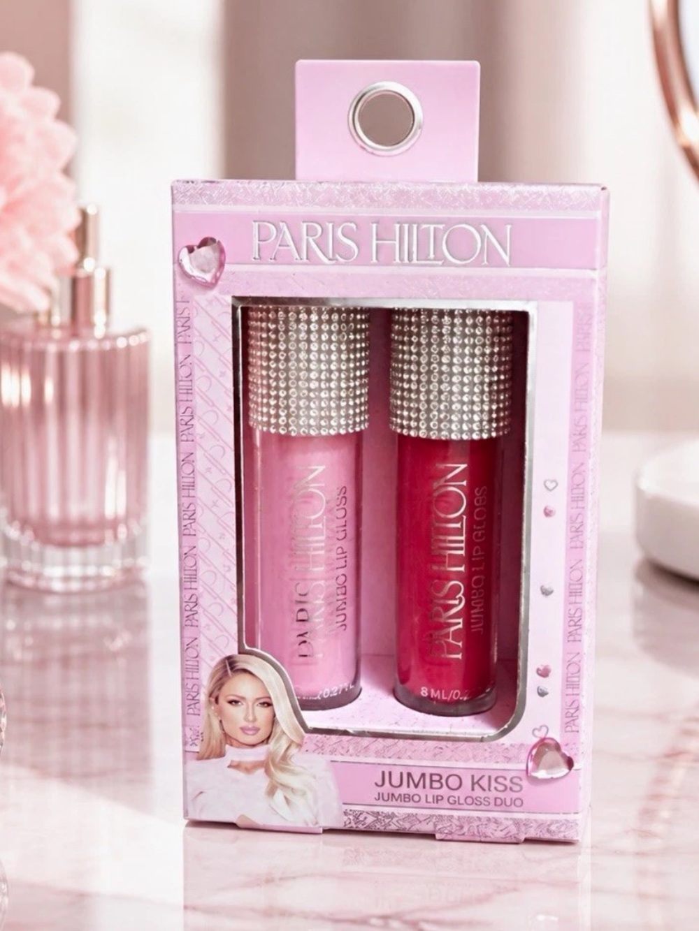 Paris Hilton Jumbo Kiss Lip Gloss Duo — Light Pink & Red. NEW in box. Giftable